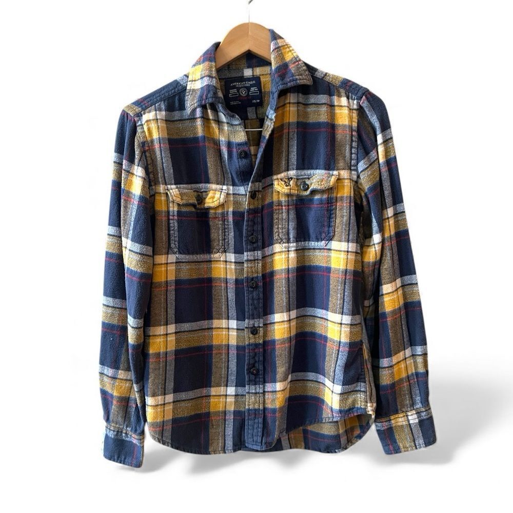 American Eagle Athletic Fit Plaid Flannel Shirt Navy Yellow Mens XS Gorpcore